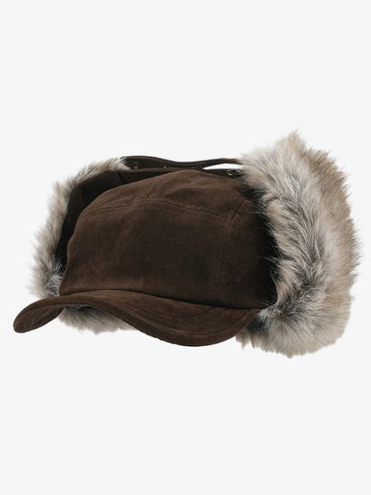 Faux Fur Lined Brown Suede Winter Hat with Ear Flaps?