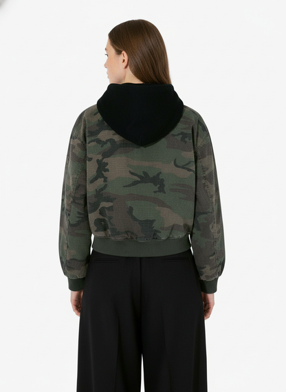 Retro Camouflage Faux Two-Piece Bomber Jacket