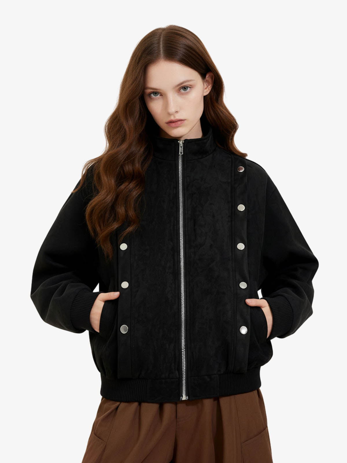 Vintage Stand Collar Metal Button-Structured Bomber Jacket