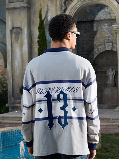 Supermade Color-Blocked Polo Collar Embroidered Print Long-Sleeved Jersey?