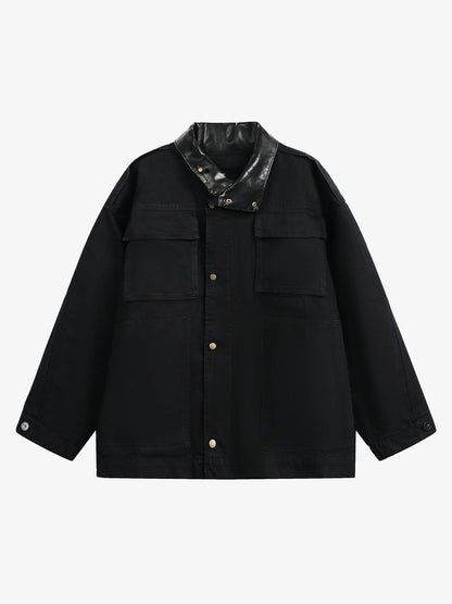 Leather Contrast Fold-Over Collar Multi Pocket Jacket