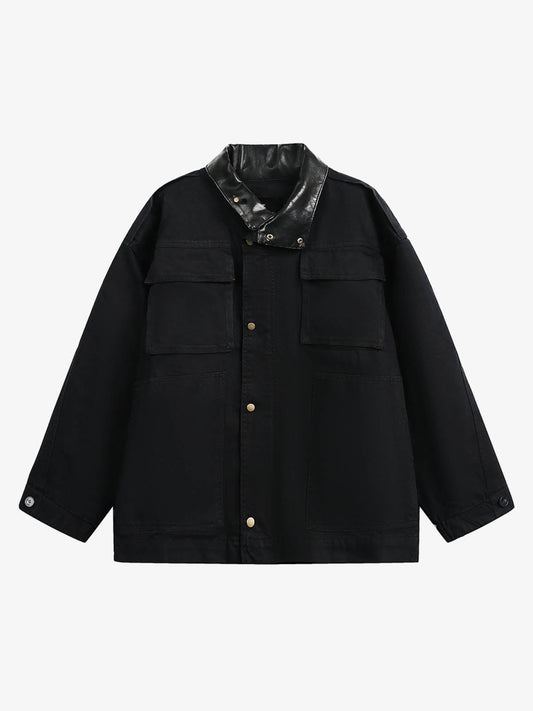 Leather Contrast Fold-Over Collar Multi Pocket Jacket