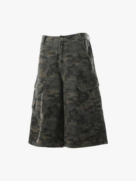 Vintage Washed Camouflage Machete Wide Leg Cargo Shorts 