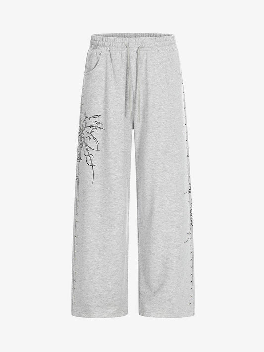 Floral Line Art Studded Wide Leg Drawstring Sweatpants
