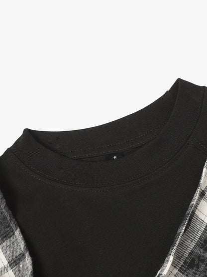 Black Long Sleeve T-Shirt with Plaid Shoulder Patch - Stylish and Versatile Top for Casual Wear 