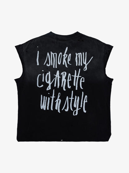 Cotton Ripped Sleeveless Tank Top with Frayed Hem and Cut-Out Details for Edgy Streetwear Style 