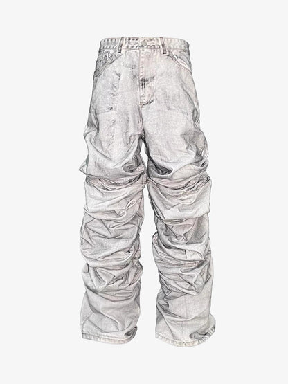 Distressed Ruched Wide Leg Denim Jeans