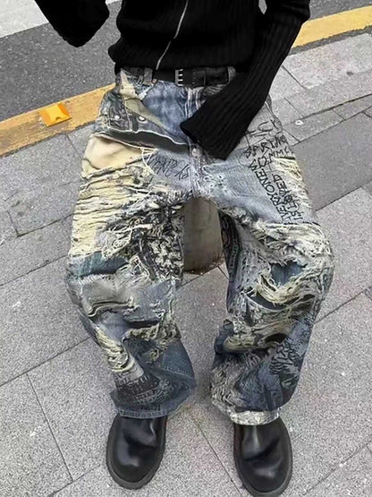 Ripped Holes Torn Optical Printed Jeans 