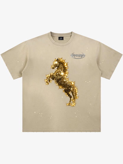 Unisex Washed Ink Blending Dual Color Cotton Horse Year Embroidered Diamond Horse Element Pattern Short-Sleeve T-Shirt?