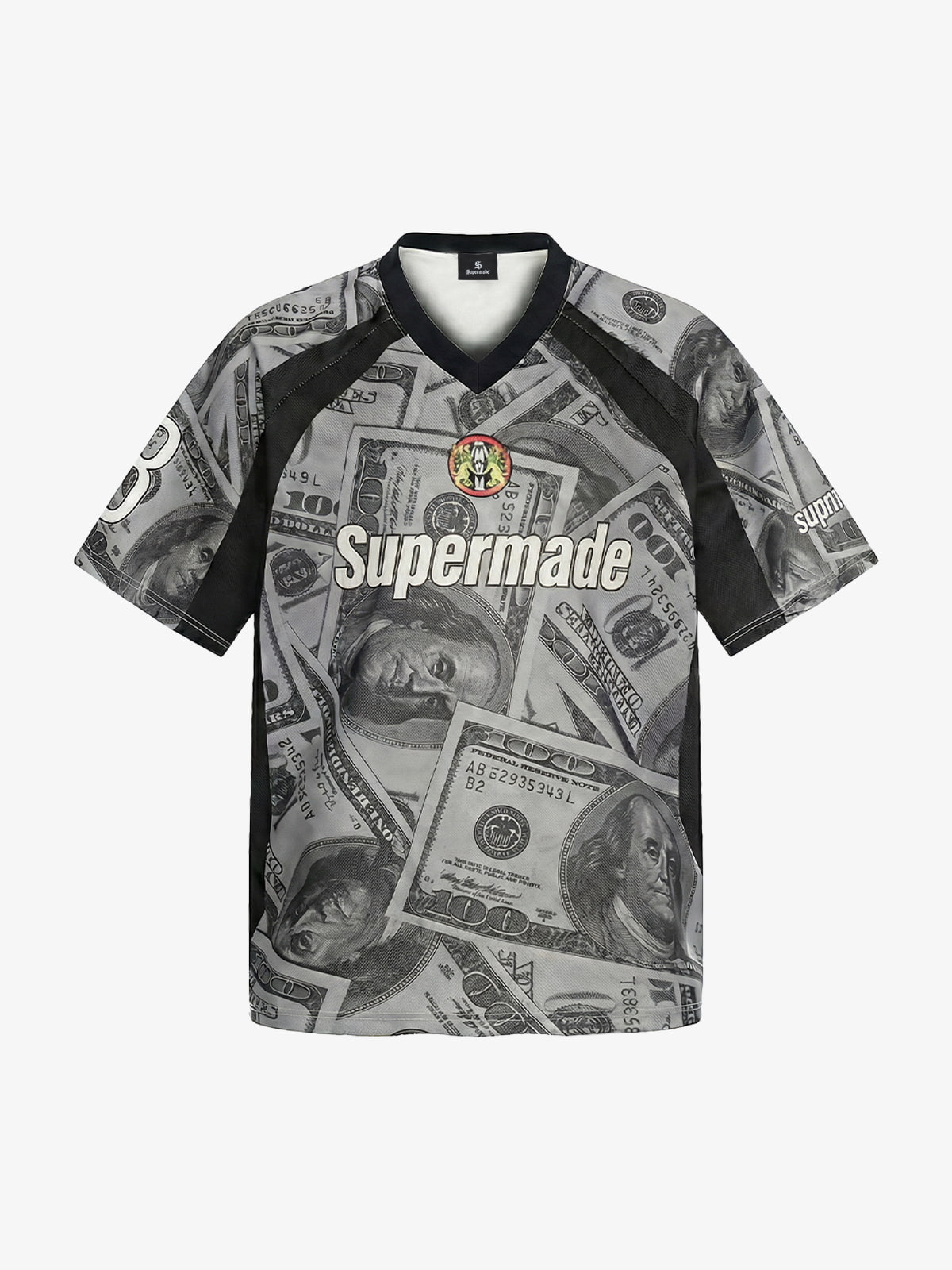 Cotton Blend Money Print V-Neck T-Shirt with Supermade Logo Design 