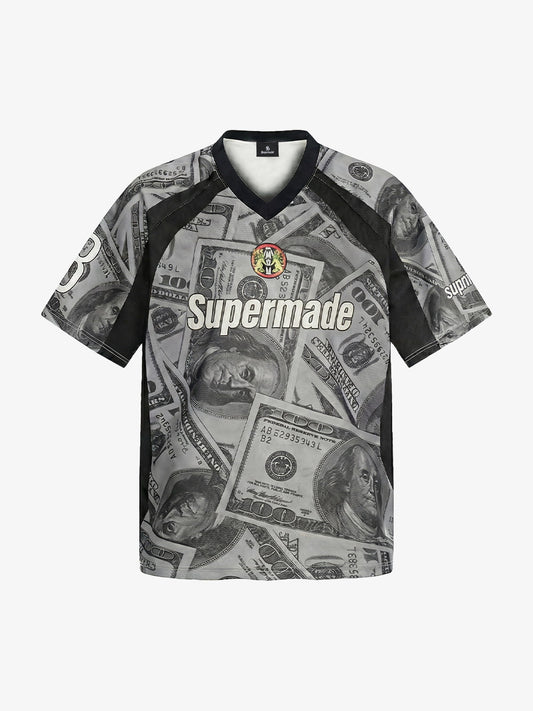 Cotton Blend Money Print V-Neck T-Shirt with Supermade Logo Design 