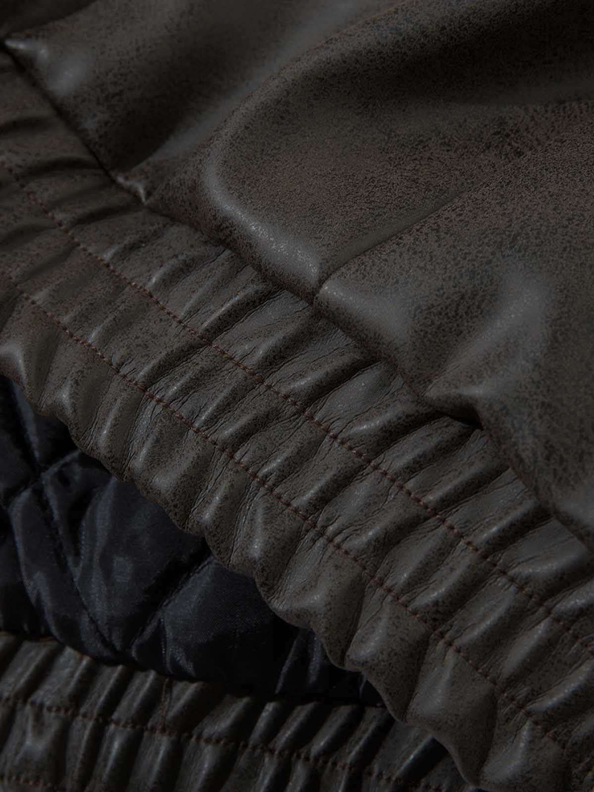 Vintage Faux Fur Hood Lined PU Zip Up Bomber Jacket 