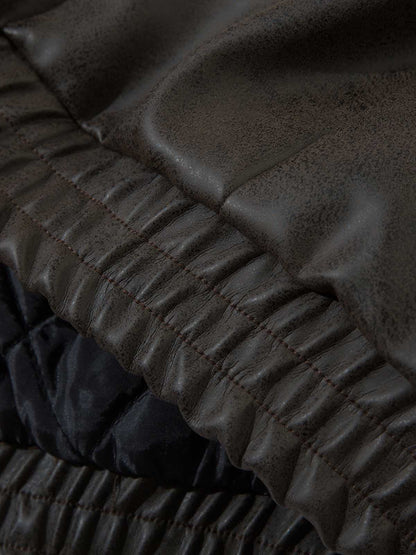 Vintage Faux Fur Hood Lined PU Zip Up Bomber Jacket 