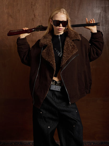 Thesupermade Oblique Zipper Design Lambswool Collar Quilted Jacket 