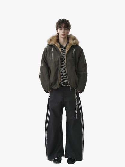 Thesupermade American Street Zipper Design Mountain Carved Fur Collar Quilted Cotton Jacket 