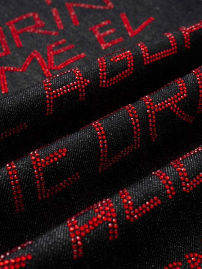 Denim Graffiti Wide Leg Pants with Embroidered Art Design and Bold Statement Text 