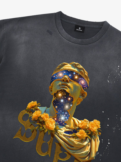 THE SUPERMADE-Wash and splash ink Galaxy Art Print T-Shirt with Cosmic Statue Design for Men and Women?