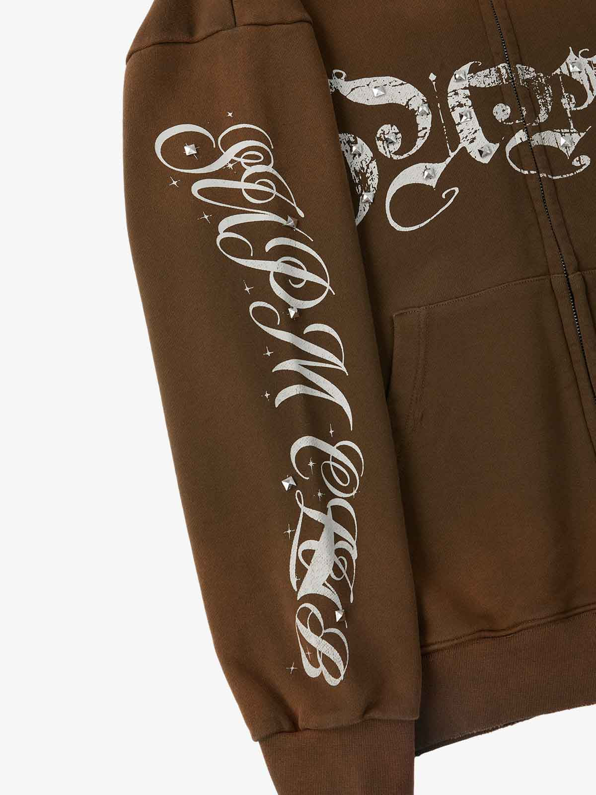 Supermade Vintage Distressed Studded Gothic Font Zipper Sweatshirt?