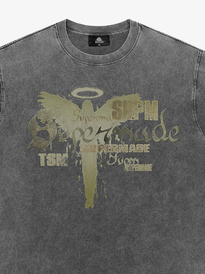 THE SUPERMADE Distressed Graphic Print Oversized T-Shirt with Bold Typography Design 