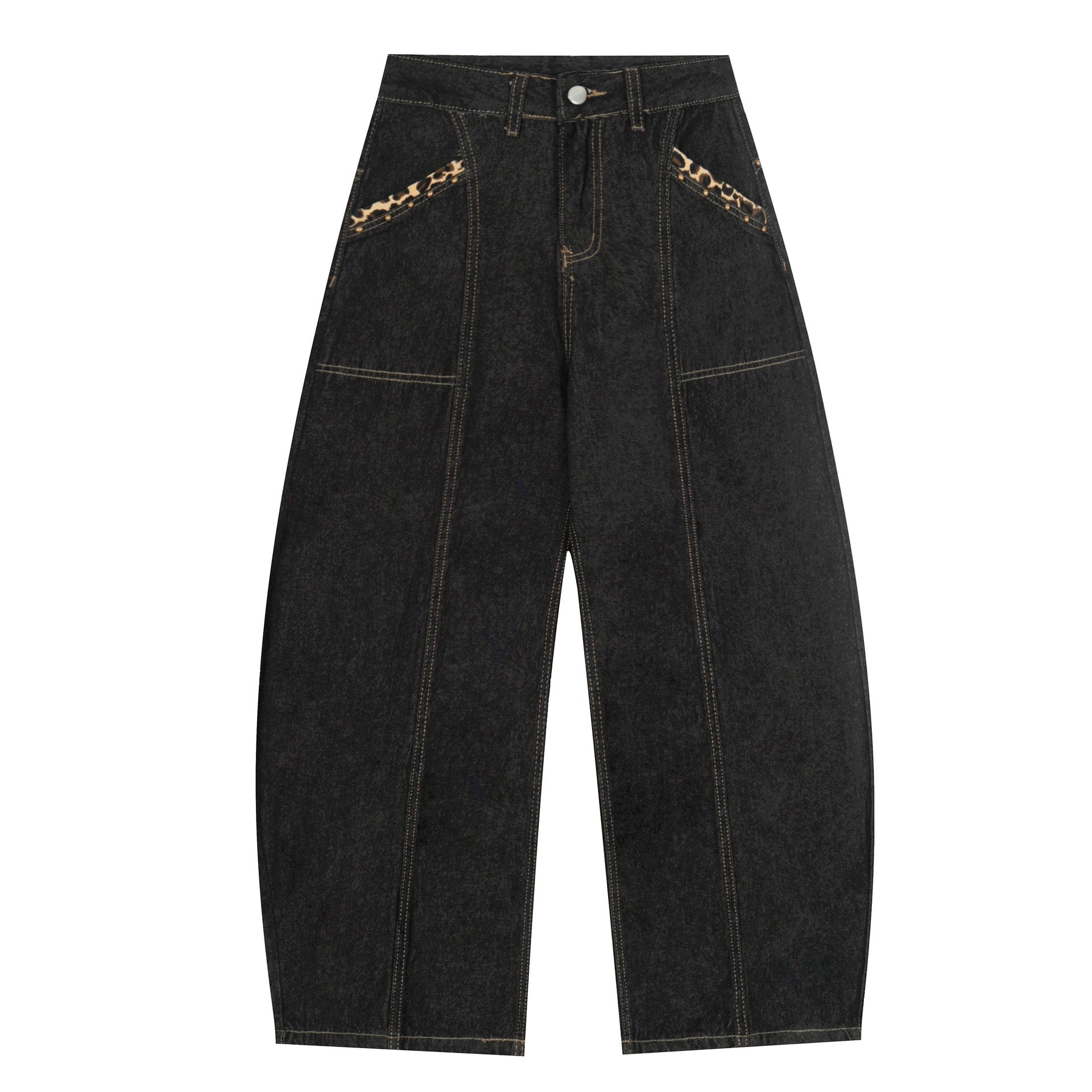 Denim Wide-Leg Trousers with Leopard Patch Detailing?