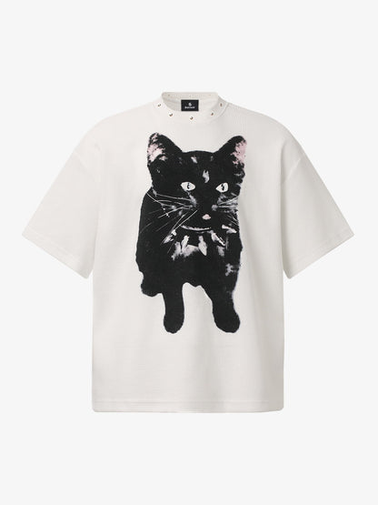 Cotton Oversized T-Shirt with Cat Graphic Print and Text Design?
