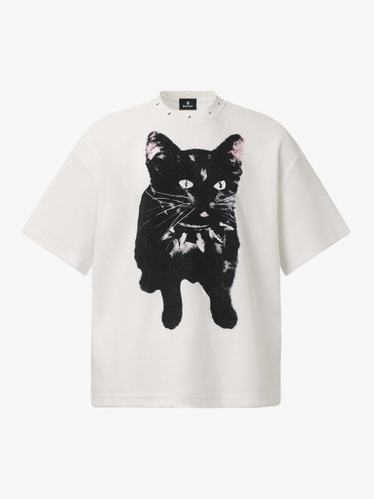 Cotton Oversized T-Shirt with Cat Graphic Print and Text Design?