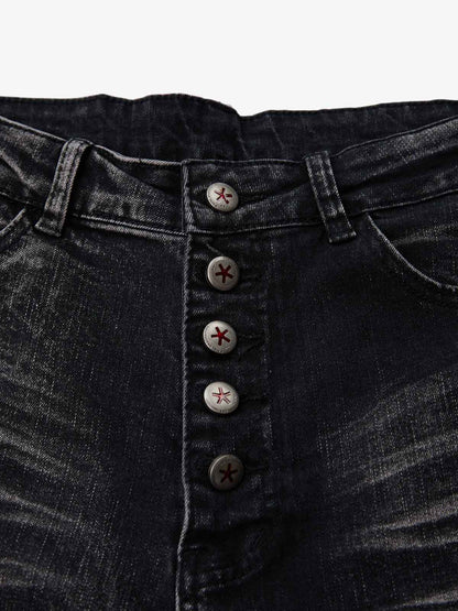 Black Denim Flared Jeans with Button Front High Waist Design?