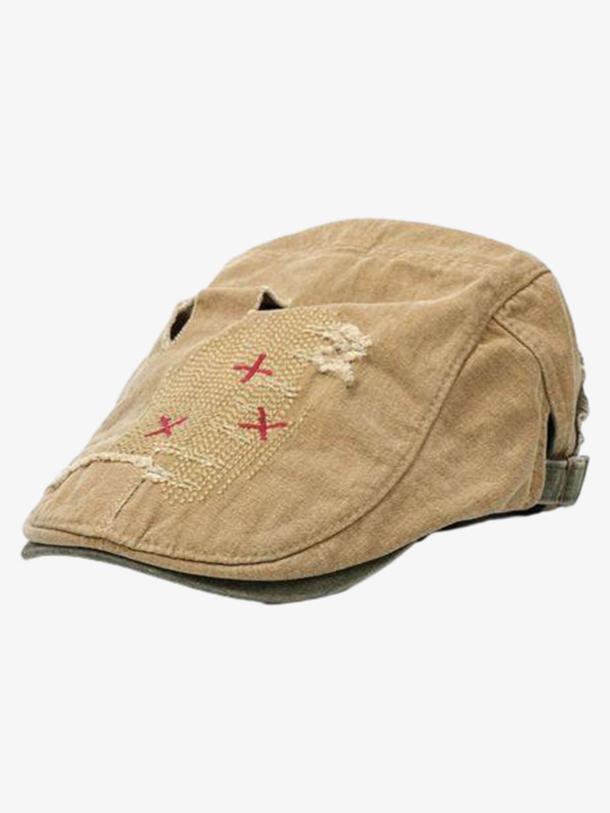 Cotton Denim Patchwork Flat Cap with Embroidered Red Panel and Distressed Details?