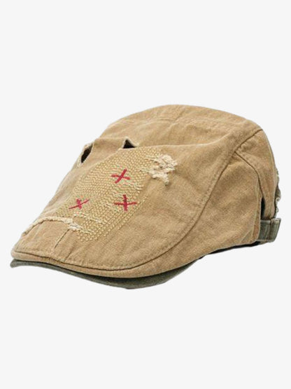 Cotton Denim Patchwork Flat Cap with Embroidered Red Panel and Distressed Details?