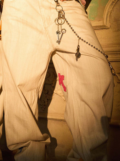 Denim Wide Leg Cropped Pants with White Stripe Design High Waist Fashion Trousers for Women 