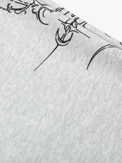 Floral Line Art Studded Wide Leg Drawstring Sweatpants