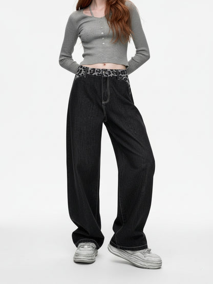Vintage Leopard Print Waistband Patch Baggy Jeans
