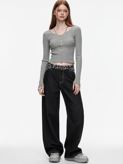 Vintage Leopard Print Waistband Patch Baggy Jeans