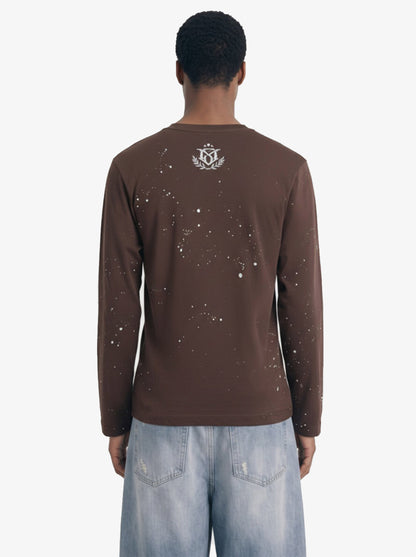 Cotton Washed Slim Fit Long-Sleeve T-Shirt with Splatter Graphic Print and Gothic 3D stereoscopic silicone printing Logo Design?