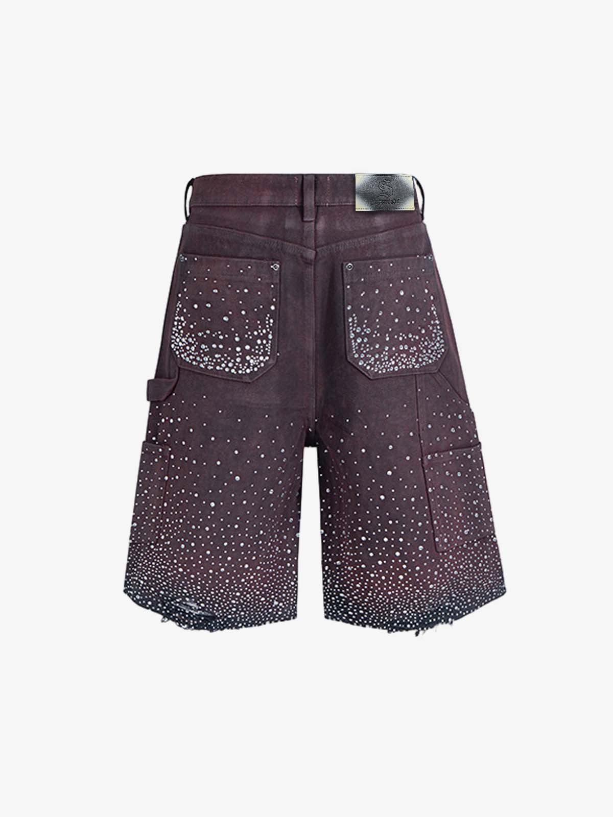 Studded Denim Cargo Shorts for Men with Rhinestone Embellishment, Fashionable Streetwear Style, Distressed Hem Design?