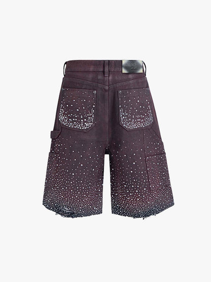 Studded Denim Cargo Shorts for Men with Rhinestone Embellishment, Fashionable Streetwear Style, Distressed Hem Design?