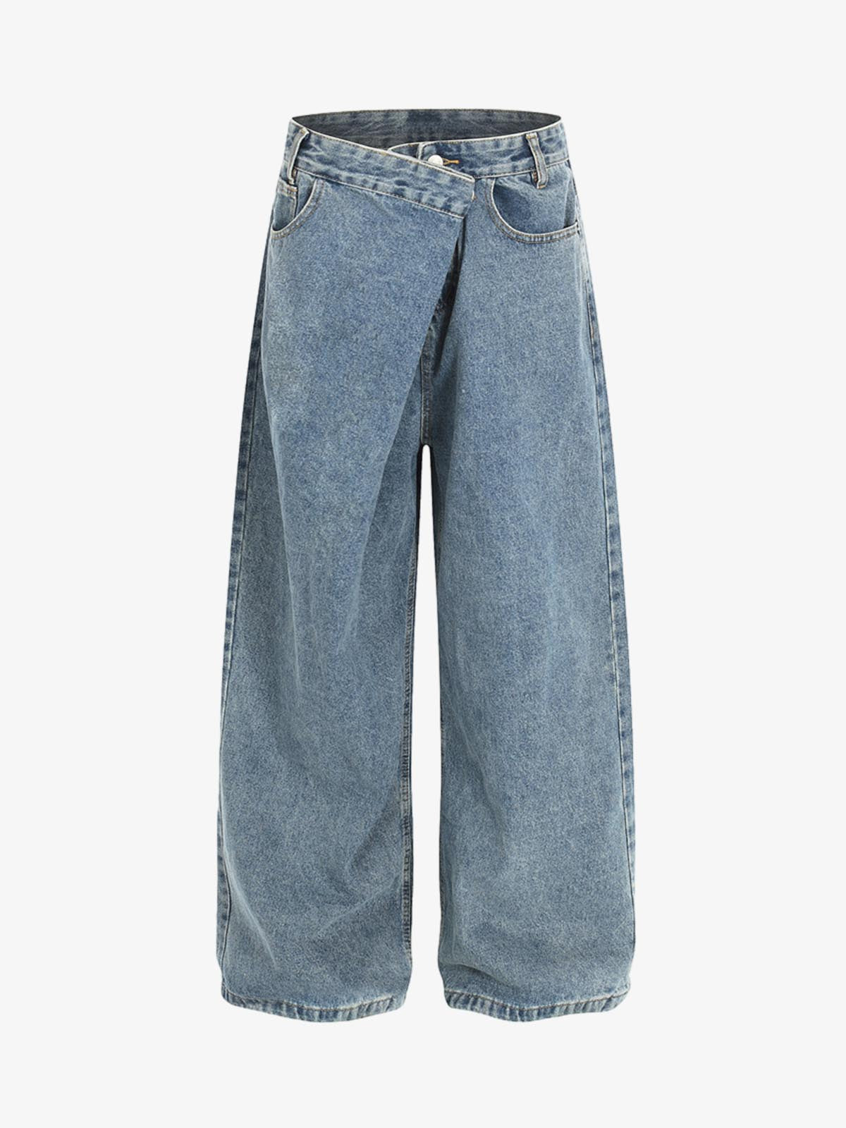 High-Waisted Wide-Leg Denim Pants with Asymmetrical Wrap Design 