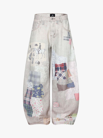 Cotton Patchwork Wide Leg Pants with Equestrian Print and Plaid Details?