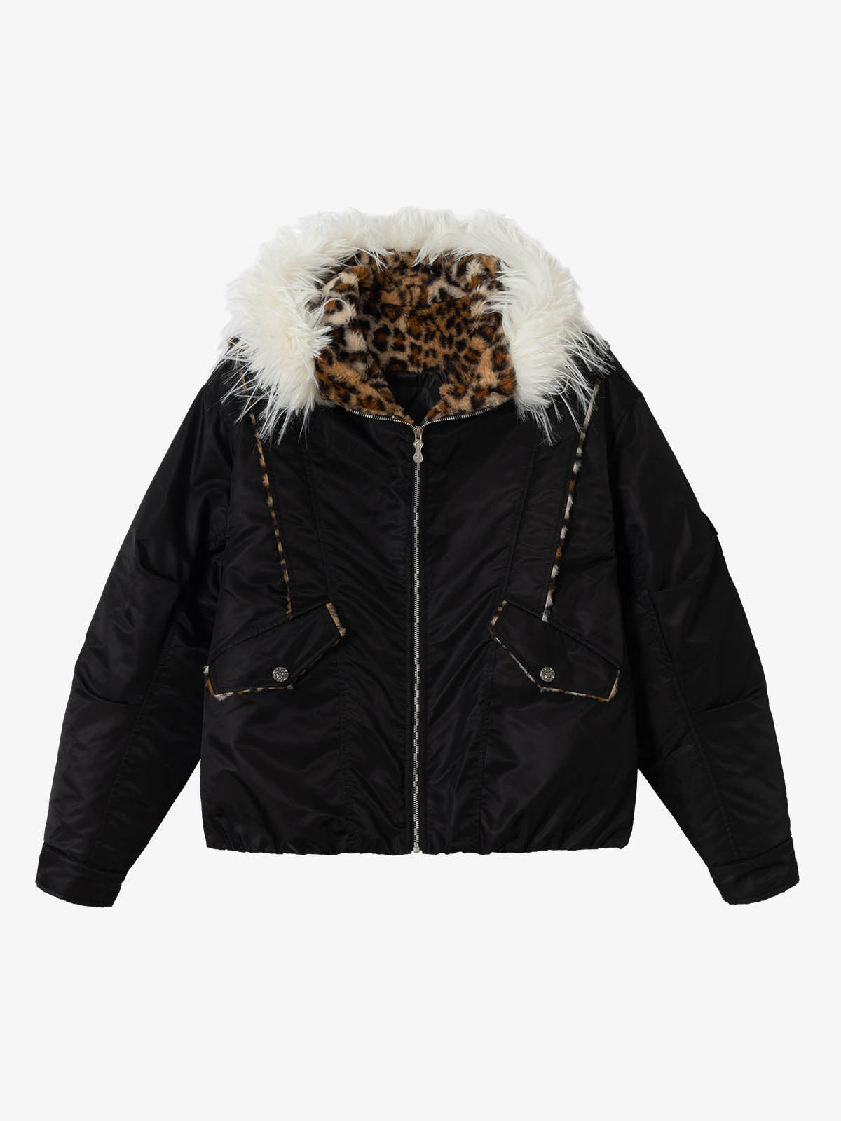 Retro Fur Collar Leopard Lined Bomber Jacket