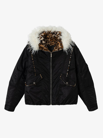 Retro Fur Collar Leopard Lined Bomber Jacket