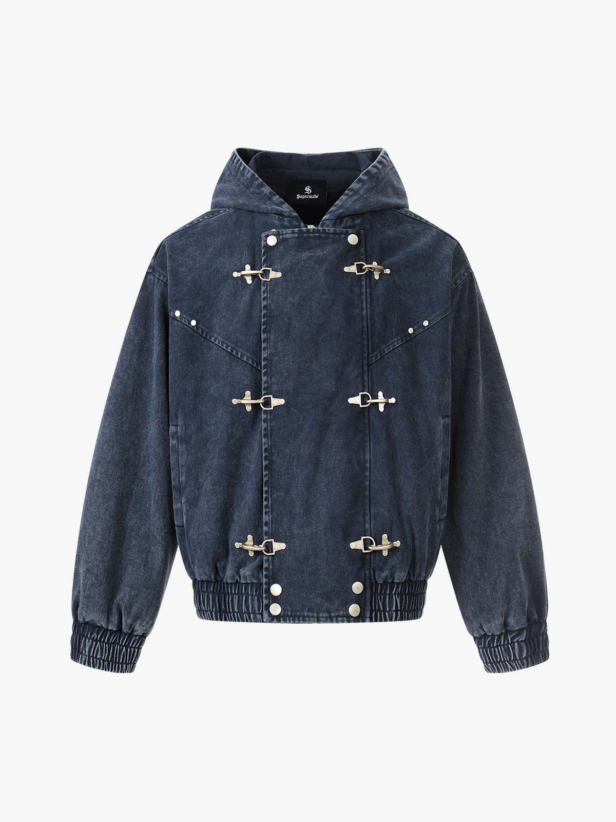 Washed Cotton Hooded Duffle Jacket with Metal Snap Buttons and Ribbed Hem 