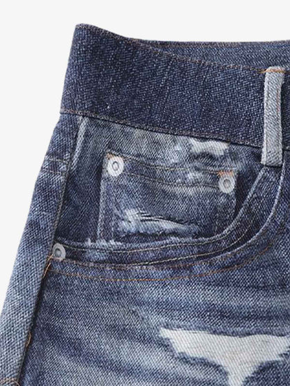 Denim Patchwork Wide Leg Jeans with Graphic Appliques and Distressed Details?