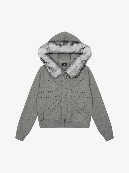 Studded Detachable Fur Hooded Jacket