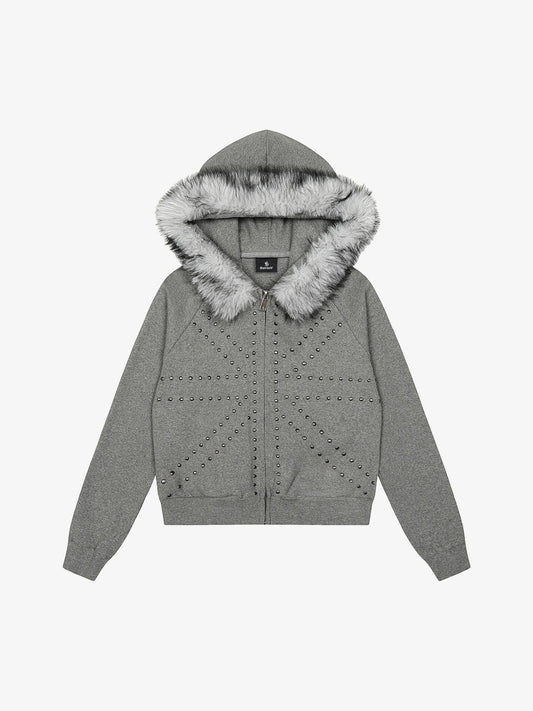 Studded Detachable Fur Hooded Jacket