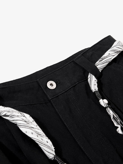 Cotton Blend Wide Leg Cargo Pants with Adjustable Drawstring and Decorative Tassels?