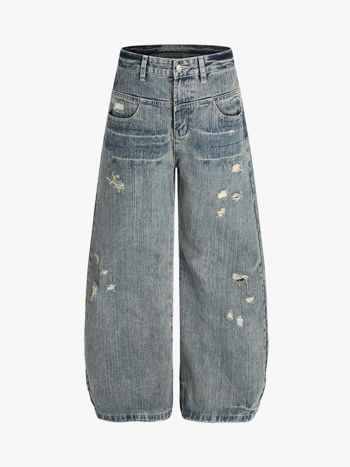 High Waist Distressed Barrel Denim Jeans