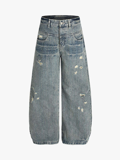 High Waist Distressed Barrel Denim Jeans