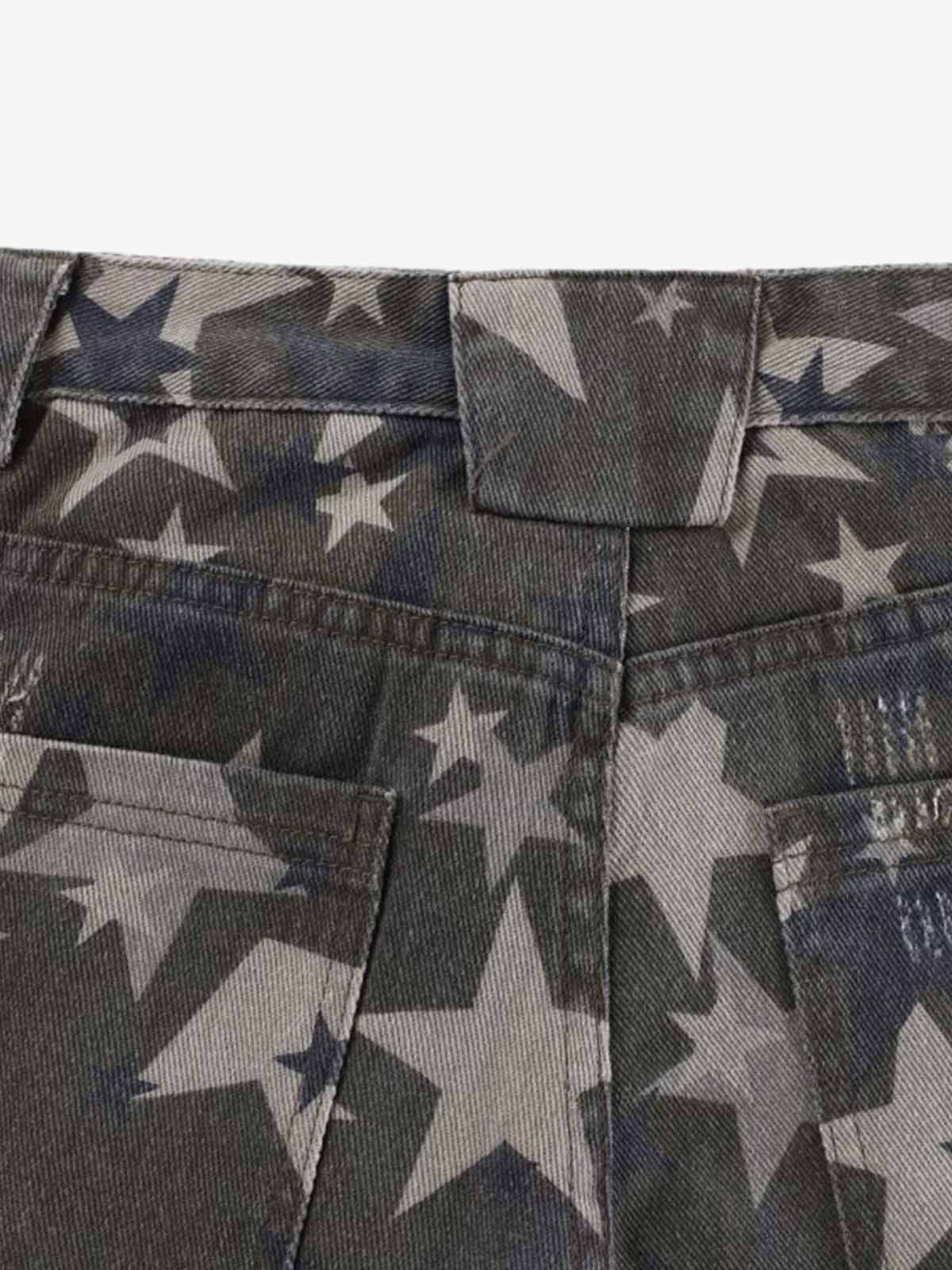 Denim Star Print Wide Leg Pants with Elastic Cuff for Casual Streetwear 