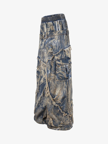 Double Waistband Acid Wash Patchwork Cargo Jeans