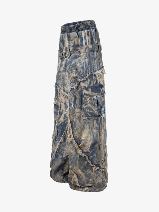 Double Waistband Acid Wash Patchwork Cargo Jeans